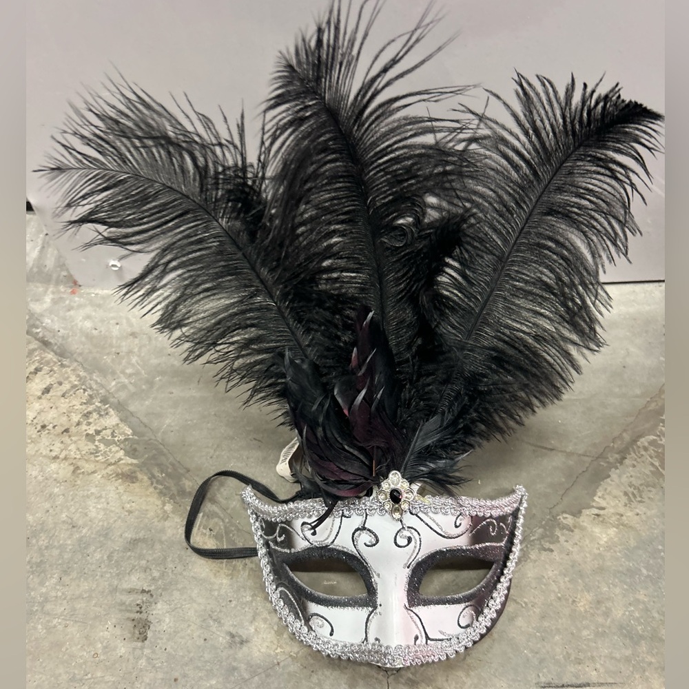 Black white feather face goth mask circus theater Halloween